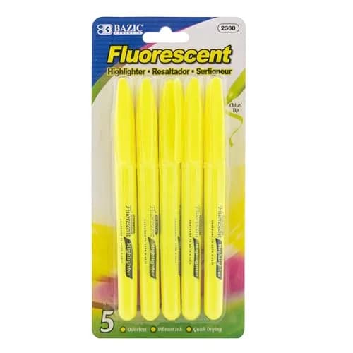 BAZIC PRODUCTS Yellow Pen Style Highlighters 5 Ct | Chisel Tip, Fluorescent Yellow, Pen-Style, Bulk Pack thumbnail 1
