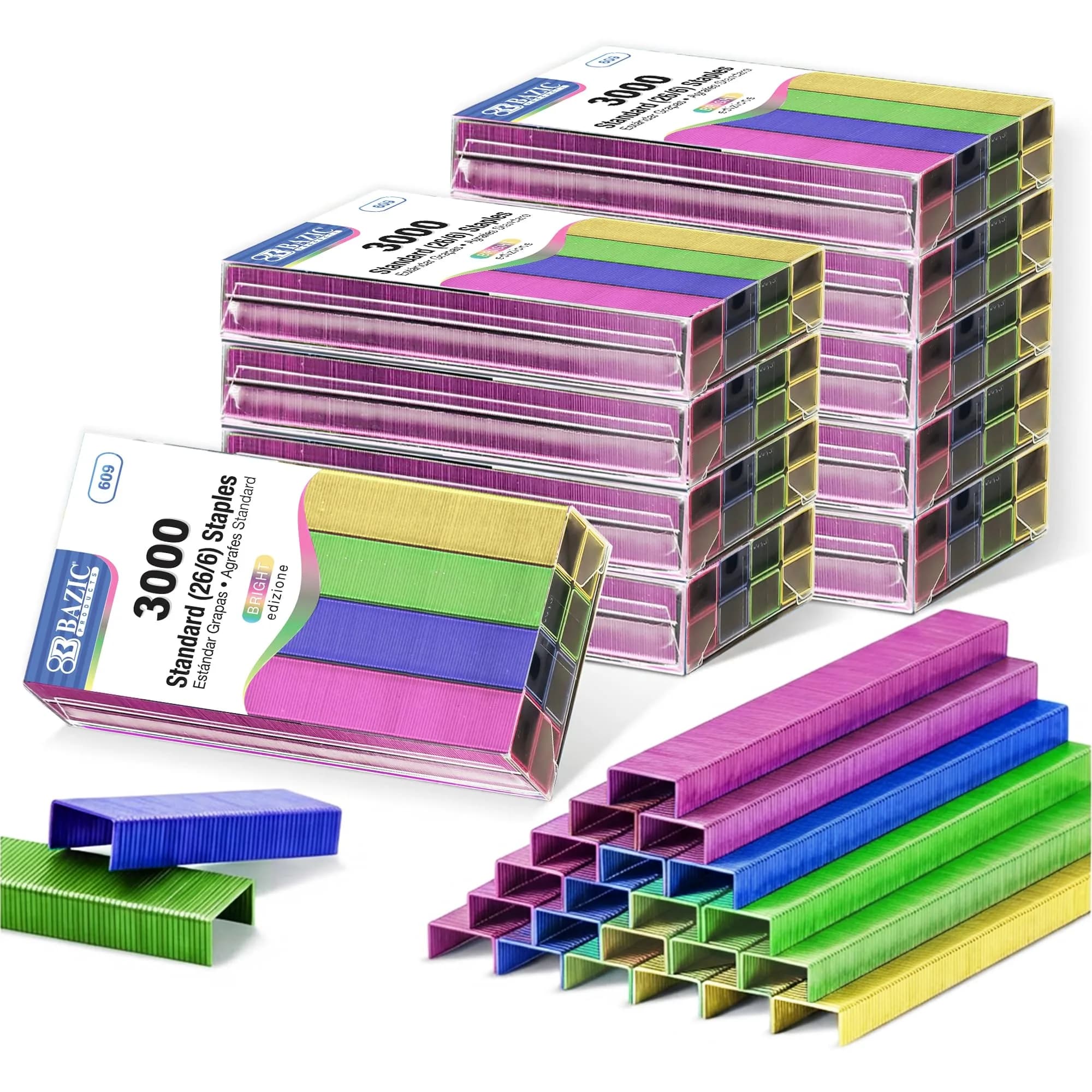 BAZIC Standard Staples (26/6) Metallic Color 3000/Pack | Chisel Point, 1/4-inch Leg Length — Bright Colors