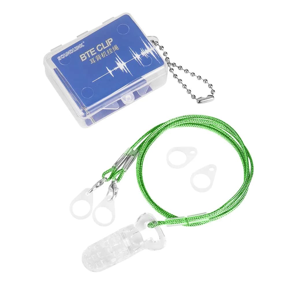 SOUNDLINK Hearing Aid Clip Holder with Silicone Loops & Rope - Green | Protects BTE Against Falling Off - main product image