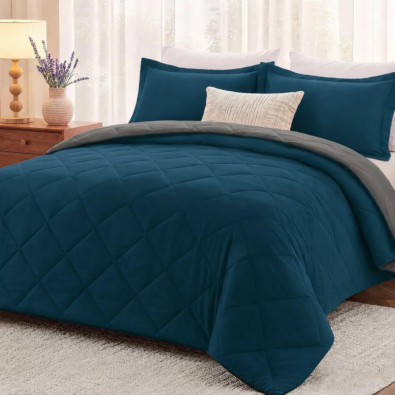 downluxe Queen Comforter Set Blue/Sapphire 203cm x 213cm (88" x 84") | All-Season Soft Microfiber Bedding — Ocean/Gray