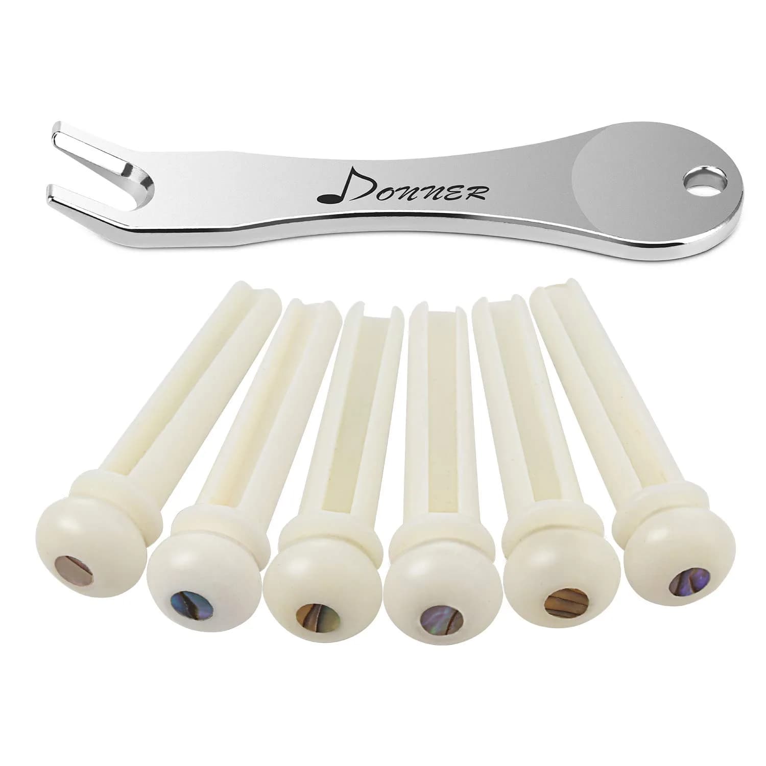 Donner White Bone Acoustic Guitar Bridge Pins 6PCS with Abalone Dot & Puller | Standard Size 5.0mm Slot - main product image