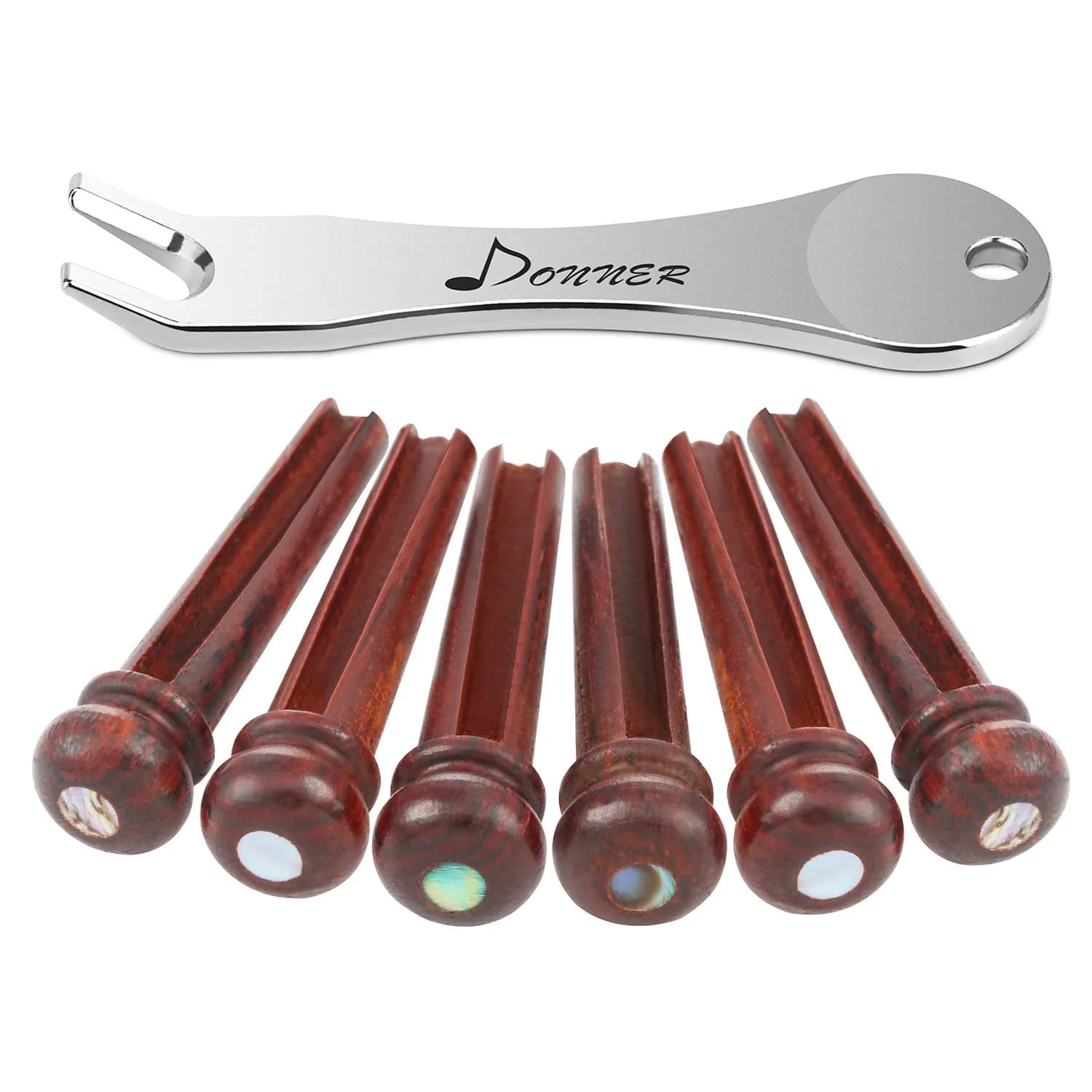 Donner White Bone Acoustic Guitar Bridge Pins 6PCS with Abalone Dot & Puller | Standard Size 5.0mm Slot — Brown Cocobolo