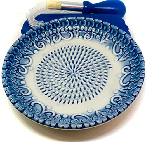BonCera Ceramic Garlic Grater Plate 4-Piece Set - Blue Embossed | Versatile Kitchen Tool for Garlic, Ginger & Fruits thumbnail 2
