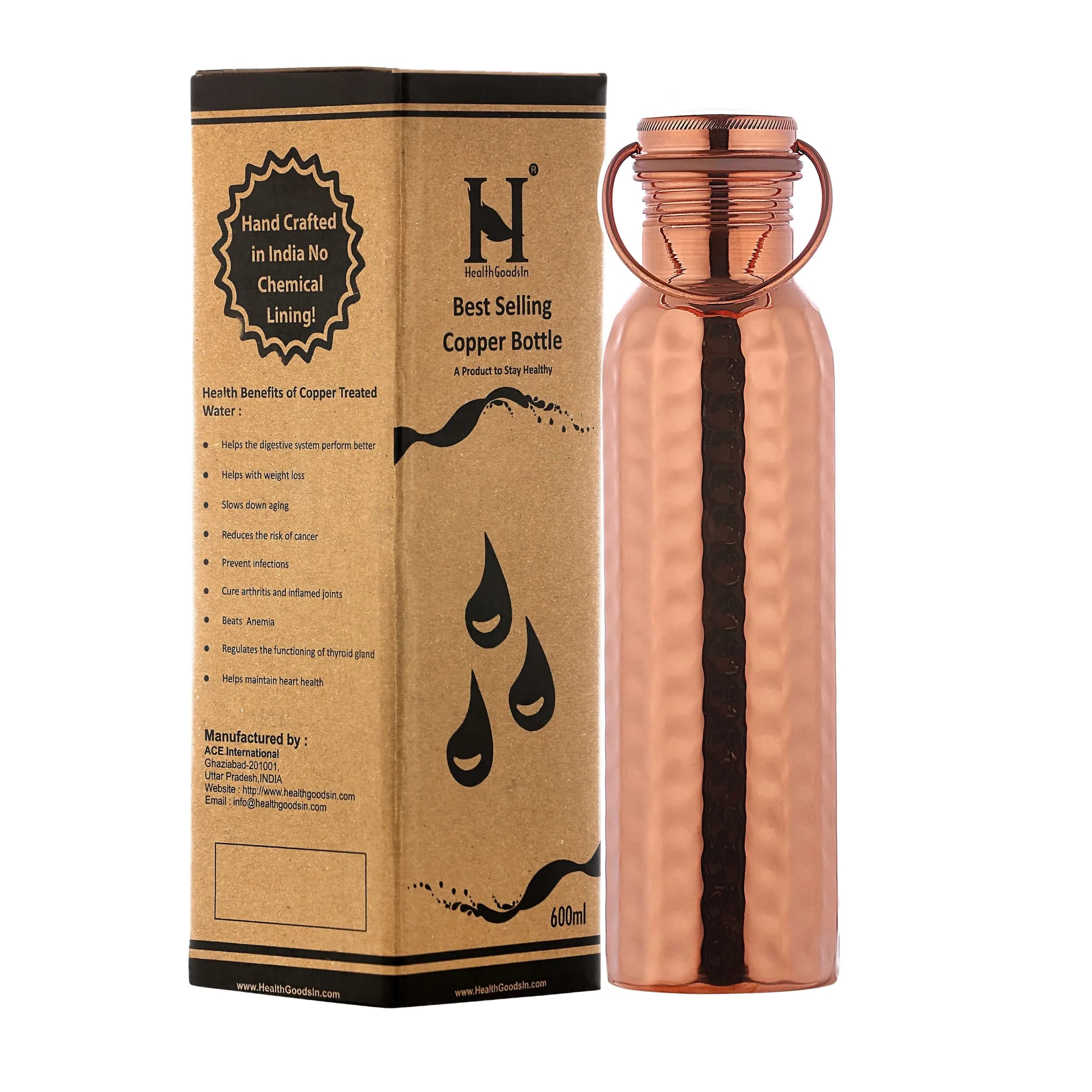 HealthGoodsIn Copper Water Bottle 600ml | Seamless Leakproof Copper Vessel for Ayurvedic Benefits - main product image