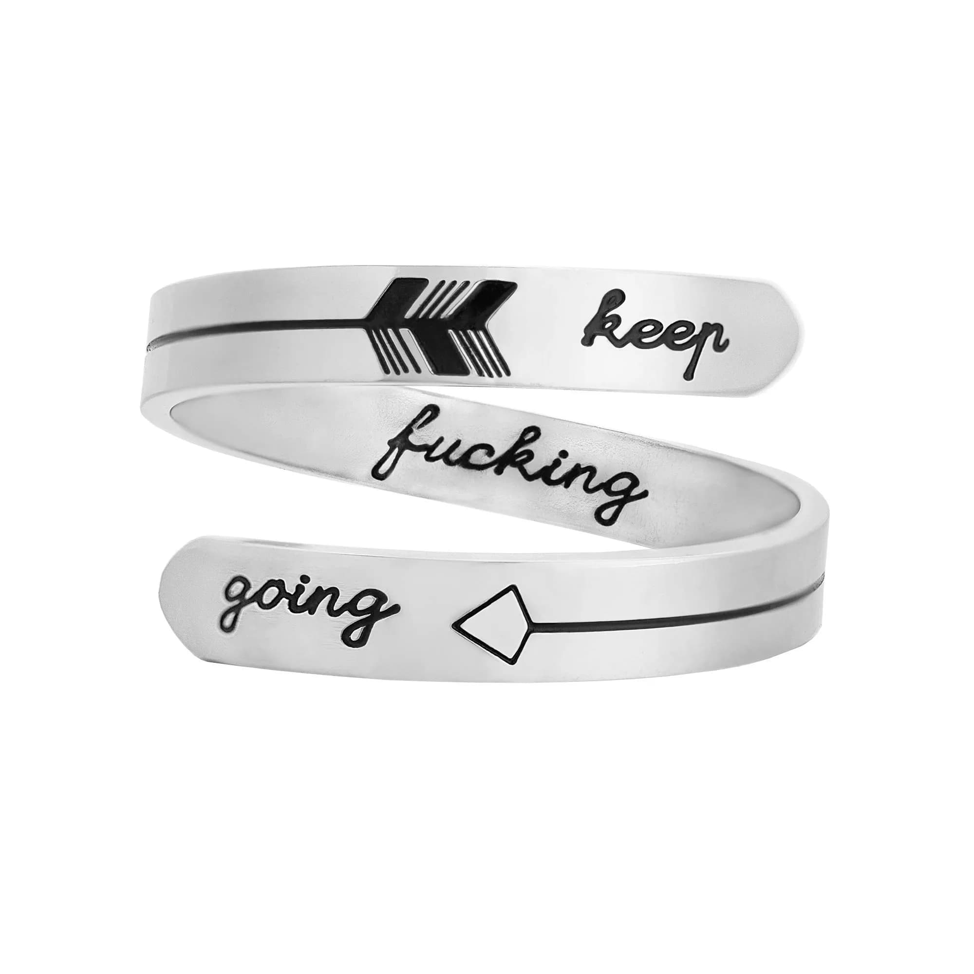 Vrycot Silver Keep Going Ring Stainless Steel Adjustable Inspirational Band 1.8 cm (0.73 in) | Motivational Jewelry