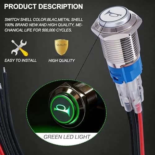 Twidec 16mm Momentary Push Button Switch with Green LED, 12V | 5A/250AC Panel Mount thumbnail 5