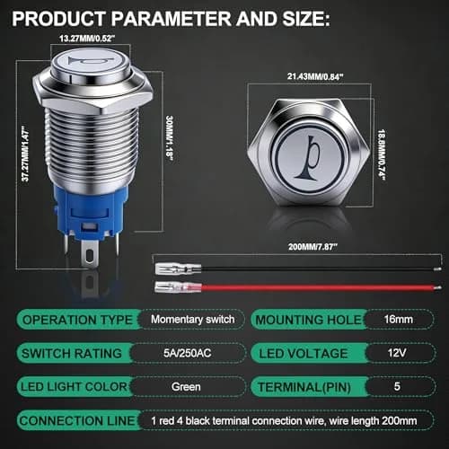 Twidec 16mm Momentary Push Button Switch with Green LED, 12V | 5A/250AC Panel Mount thumbnail 4