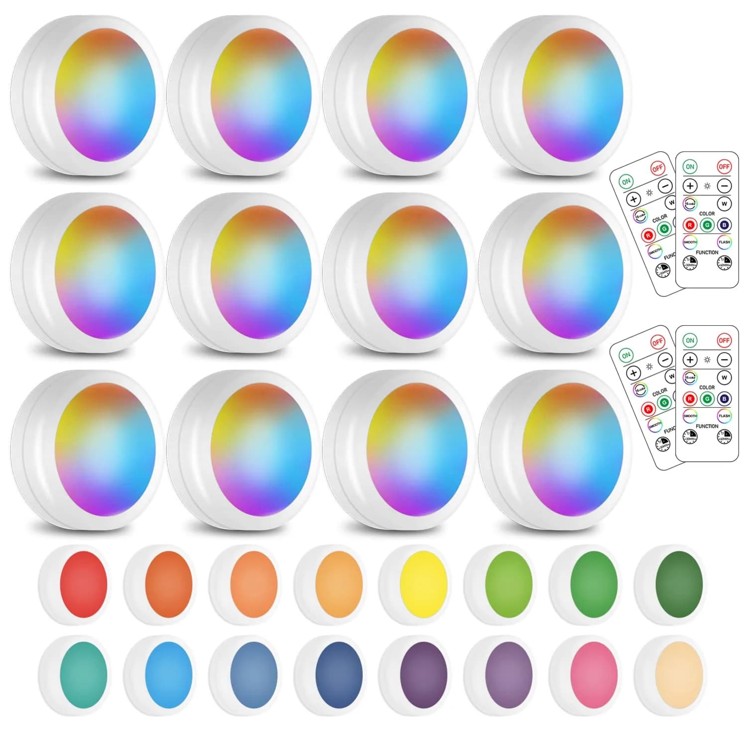 SIXDEFLY Wireless LED Puck Lights 12 Pack with 4 Remotes | Color Changing, Dimmable, Battery Powered Under Cabinet Lights