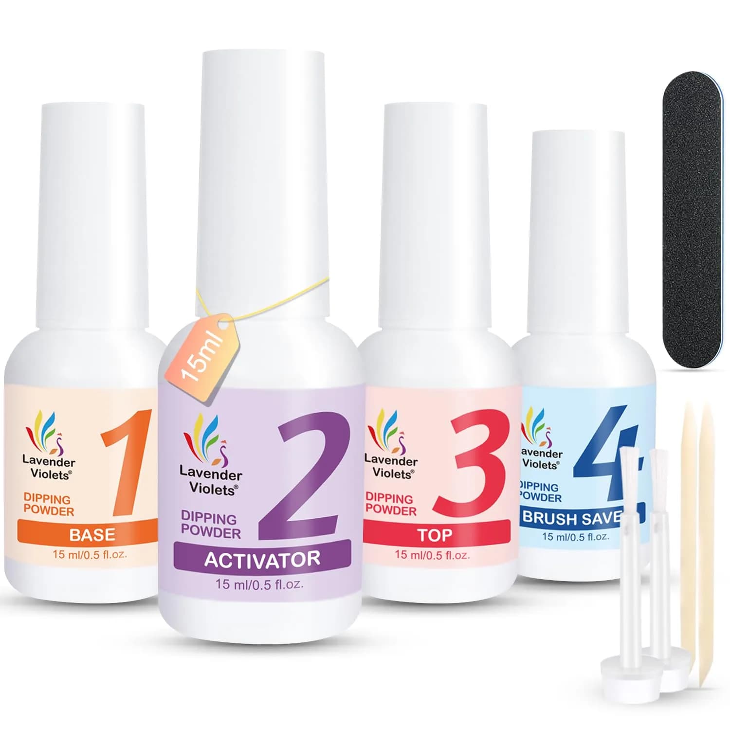 Lavender Violets Dip Powder Liquid Set with Activator, Base Top Coat & Brush Saver 15ml (0.5 Fl Oz) | Complete Home Manicure Kit