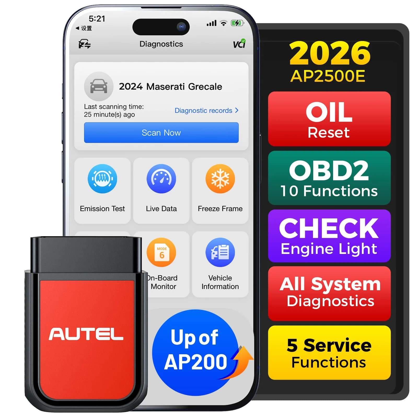 Autel AP2500E/AP2500 OBD2 Scanner Bluetooth Code Reader with Maxi AP2500 App | All-System Diagnostics & 5 Reset Services - main product image