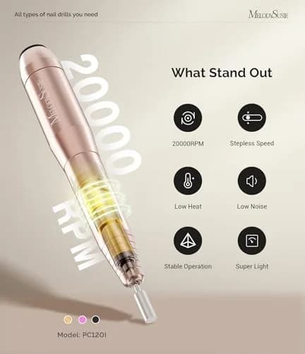 MelodySusie USB Nail Drill PC120I (Gold) 20,000RPM | Gentle Nail Prep for Professionals & Beginners thumbnail 4