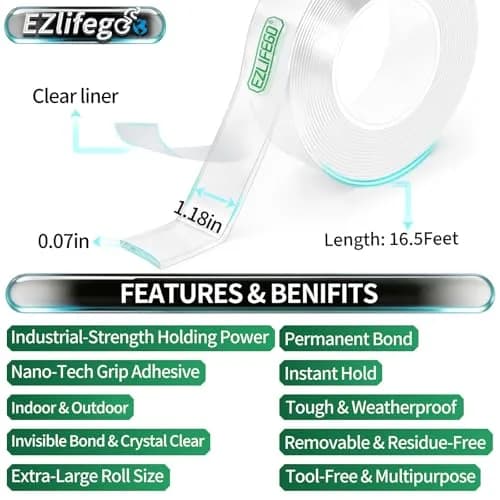EZlifego Heavy Duty Invisible Bond Nano Mounting Tape 16.5 Feet (4.9m) | Strong Adhesion for DIY Projects thumbnail 2