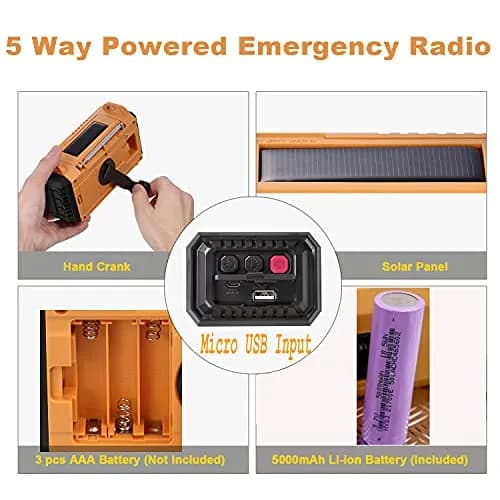 Mesqool Emergency Weather Radio Yellow | NOAA AM FM SW 5000mAh Solar Crank Portable Radio with LED Flashlight & SOS Alarm thumbnail 5