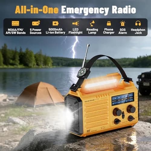 Mesqool Emergency Weather Radio Yellow | NOAA AM FM SW 5000mAh Solar Crank Portable Radio with LED Flashlight & SOS Alarm thumbnail 2