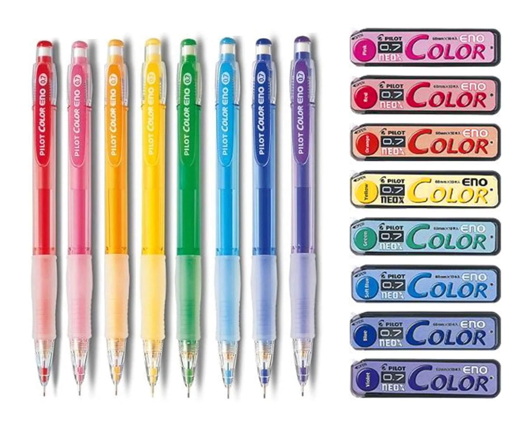 Pilot Color Eno Mechanical Pencil Set 0.7mm 8 Colors (Pencils & Refills) | Erasable & Vibrant for Students — Red, Pink, Orange, Yellow, Green, Soft Blue, Blue, Violet
