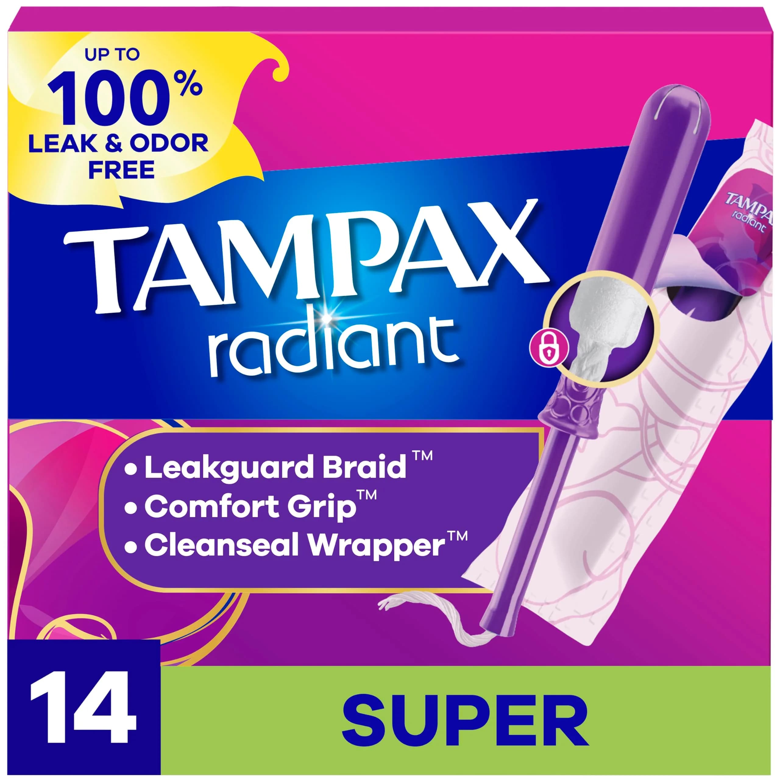 Tampax Radiant Tampons Super Absorbency with LeakGuard Braid Unscented 28 Count | Reliable Protection for Heavy Flow Days — Super