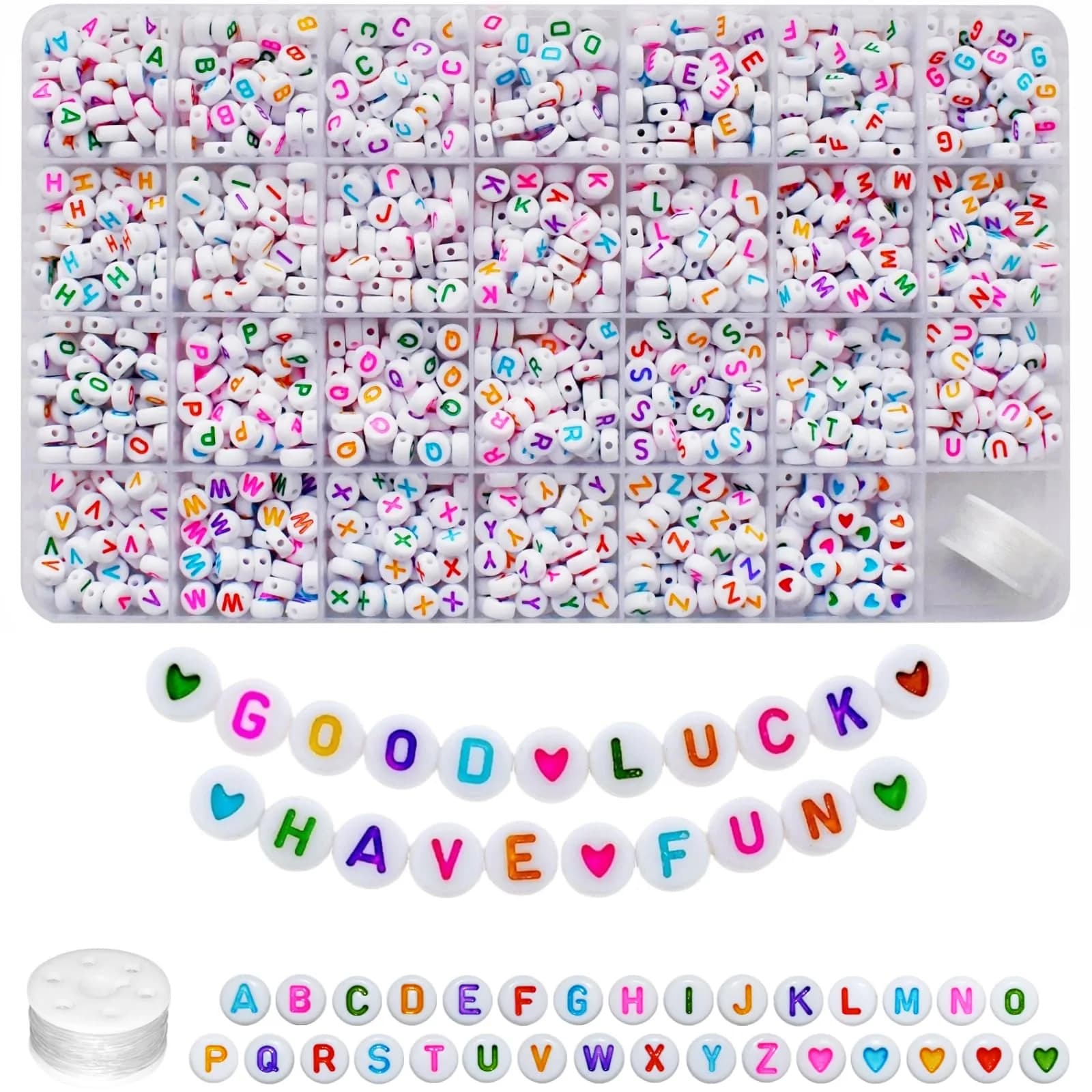 Looconi Colorful Letter Beads 1400pcs (7mm Round) | Alphabet A-Z Heart White Flat Acrylic Beads with Crystal Line for Jewelry Making