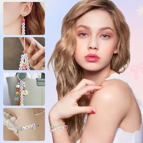 Looconi Colorful Letter Beads 1400pcs (7mm Round) | Alphabet A-Z Heart White Flat Acrylic Beads with Crystal Line for Jewelry Making thumbnail 5
