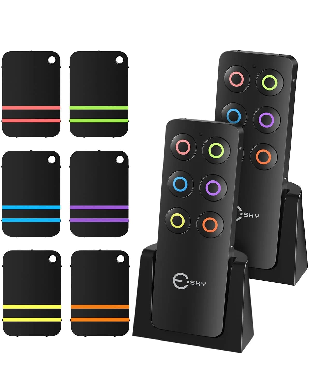 Esky Key Finder with 2 Transmitters and 6 Receivers | RF Tracking for Keys, Wallets, Remotes — Black - 2 Remotes 6 Receivers