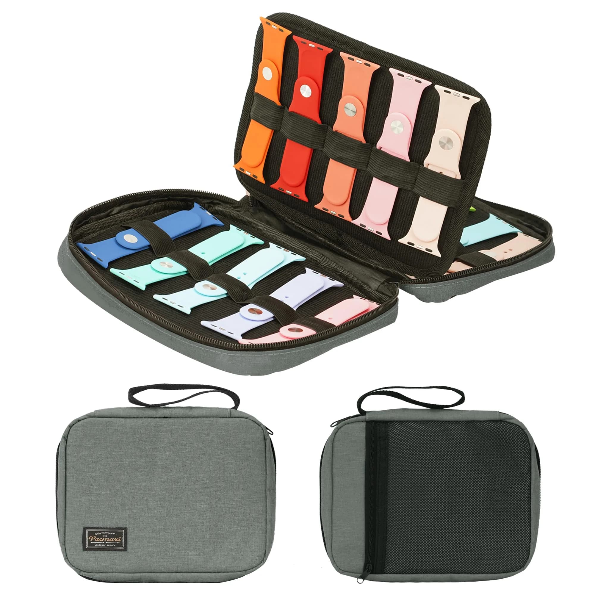 PACMAXI Watch Band Storage Case for 20 Bands | Purple Polyester Organizer with Wristlet Handle — 1-dark Grey