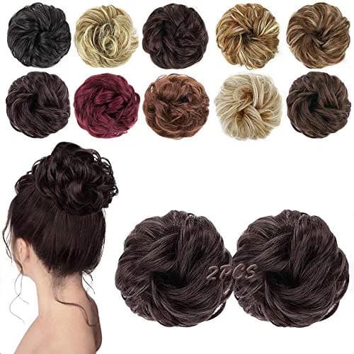 MORICA 2PCS Dark Brown Messy Bun Hair Piece for Women, 85g (3oz) Heat Resistant Synthetic Fiber | Adds Volume and Fullness thumbnail 1