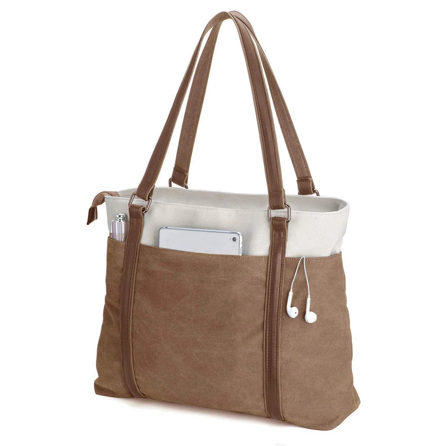 BAG WIZARD Laptop Tote Bag for Women, 15.6 Inch Work Bag with Laptop Compartment and Zipper, 14 Liters | Brown Canvas Computer Tote for Teacher, Office, Travel, Business, Carry On Personal Item Bag - main product image