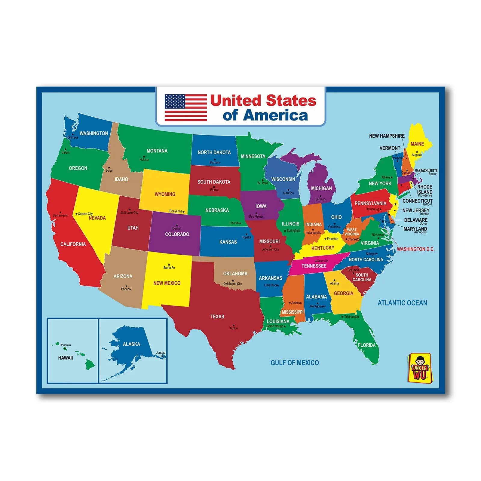 UNCLE WU United States Map Laminated Poster - Waterproof Dry Erase 17x23 inch | Educational Wall Chart for Kids & Adults