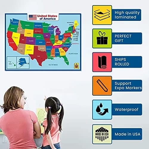 UNCLE WU United States Map Laminated Poster - Waterproof Dry Erase 17x23 inch | Educational Wall Chart for Kids & Adults thumbnail 7