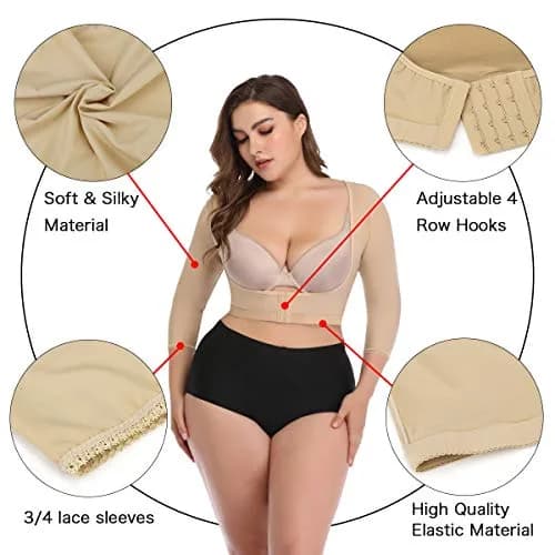 woahee Women's Arm Shaper Plus Size Compression Sleeve Garment Nude Medium | Post Surgical Arm Shapewear with 4-Row Hook Closure thumbnail 3