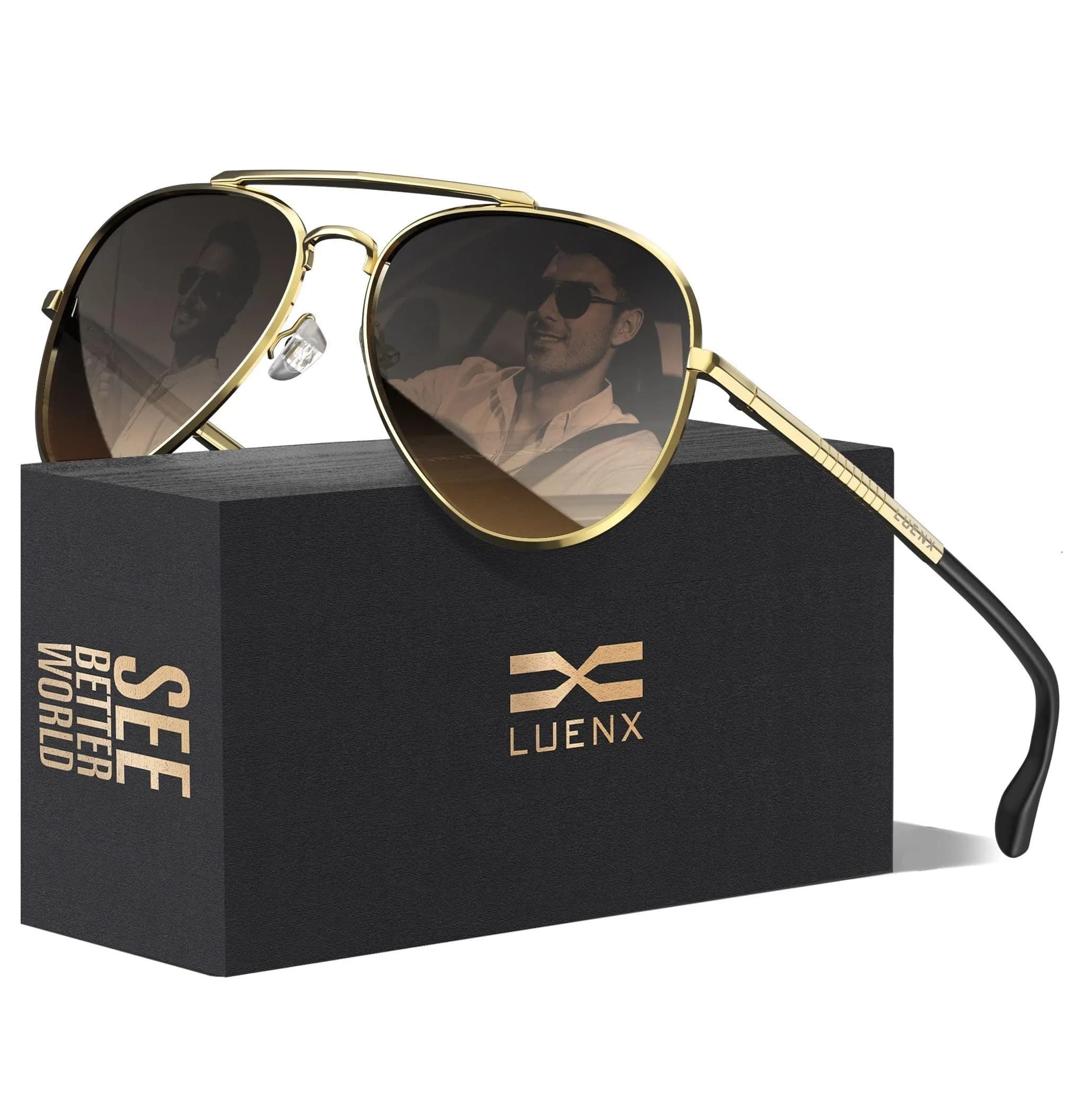 Luenx Aviator Polarized Sunglasses Men Women Classic UV400 Driving | Anti-Glare, Lightweight Metal Frame, Large Fit — Gradient Amber/Gold Frame