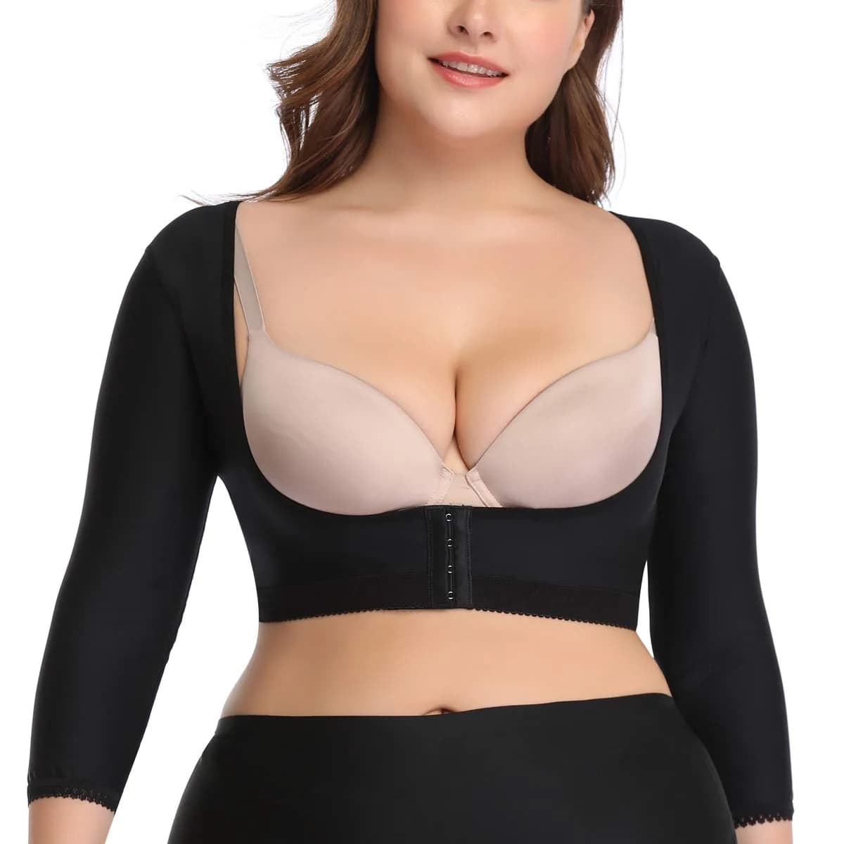 woahee Women's Arm Shaper Plus Size Compression Sleeve Garment Nude Medium | Post Surgical Arm Shapewear with 4-Row Hook Closure — Black / Large