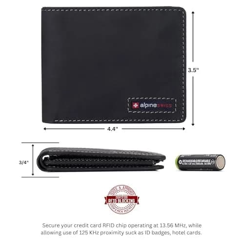 Alpine Swiss Mens Wallet for Men | RFID Protected Leather Bifold | Nubuck Black | 14 Pockets thumbnail 3