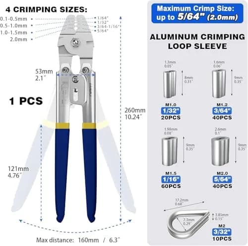 Sanuke Wire Rope Crimping Kit with 160pcs Ferrule Sleeves & 10pcs Steel Thimbles | 2.2mm Cable Swaging Tool thumbnail 2