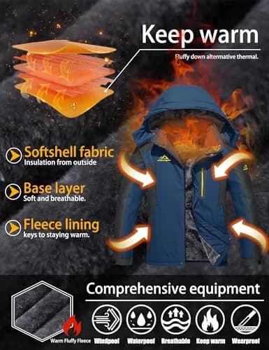 TACVASEN Men's Winter Ski Jacket Navy XL | Water Resistant, Windproof, Fleece Lined thumbnail 3