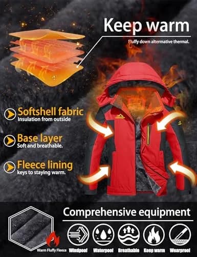 TACVASEN Men's Waterproof Ski Jacket Red XL | Windproof Fleece Lined Snowboard Coat thumbnail 3
