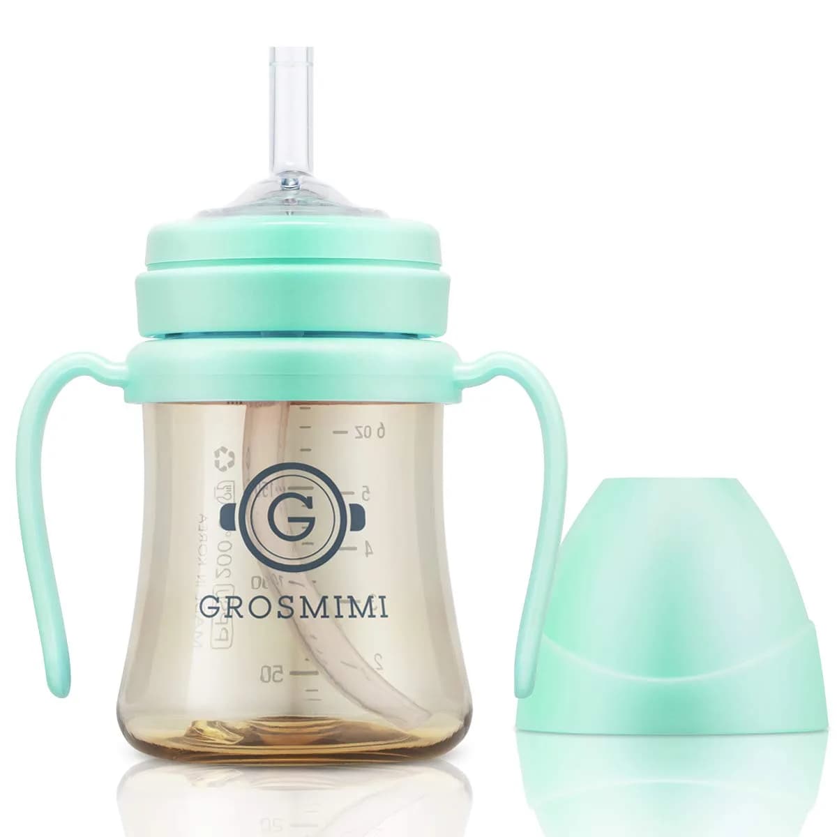 GROSMIMI PPSU Baby Straw Cup Stage 1, 6 Months+, Spill-Proof, 177ml (6oz) Beige | BPA-Free, Dishwasher Safe — Aqua Green
