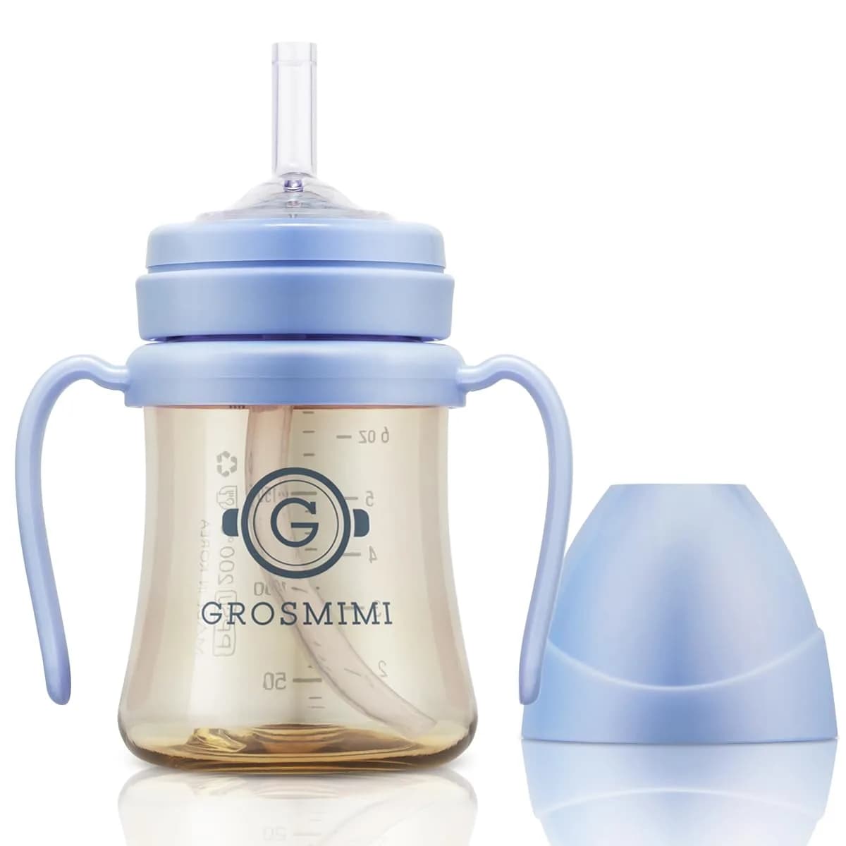 GROSMIMI PPSU Baby Straw Cup Stage 1, 6 Months+, Spill-Proof, 177ml (6oz) Beige | BPA-Free, Dishwasher Safe — Sky Blue