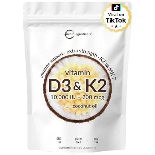 Micro Ingredients Vitamin D3 K2 MK-7 10,000 IU 300 Softgels | Bone Health Support with Coconut Oil thumbnail 1