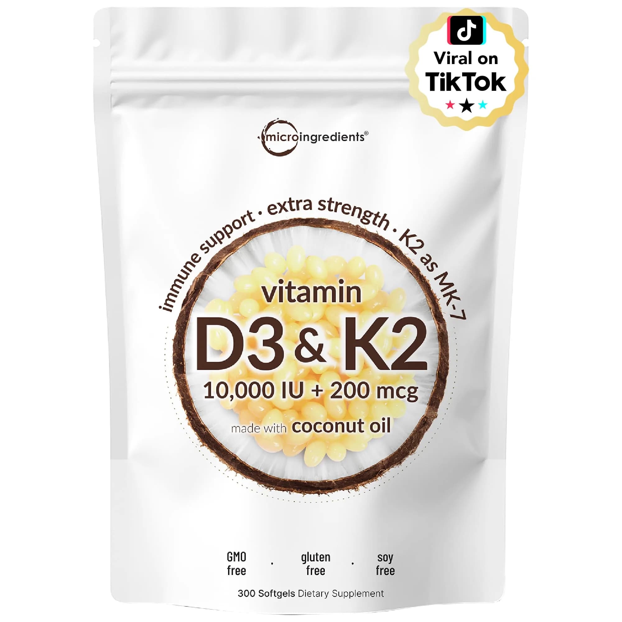 Micro Ingredients Vitamin D3 K2 MK-7 10,000 IU 300 Softgels | Bone Health Support with Coconut Oil - main product image