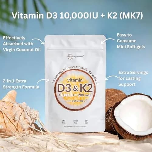 Micro Ingredients Vitamin D3 K2 MK-7 10,000 IU 300 Softgels | Bone Health Support with Coconut Oil thumbnail 2