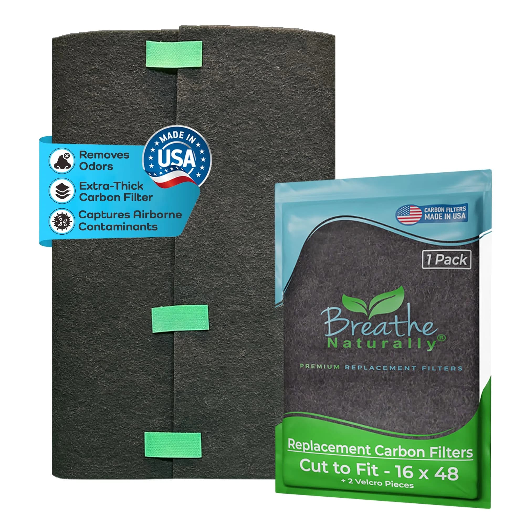 Breathe Naturally Universal Cut-to-Fit Carbon Activated Air Filter 4 Pack (16x48 inches) | Extra Thick 0.2" Filtration for Air Purifiers & Vents — Black