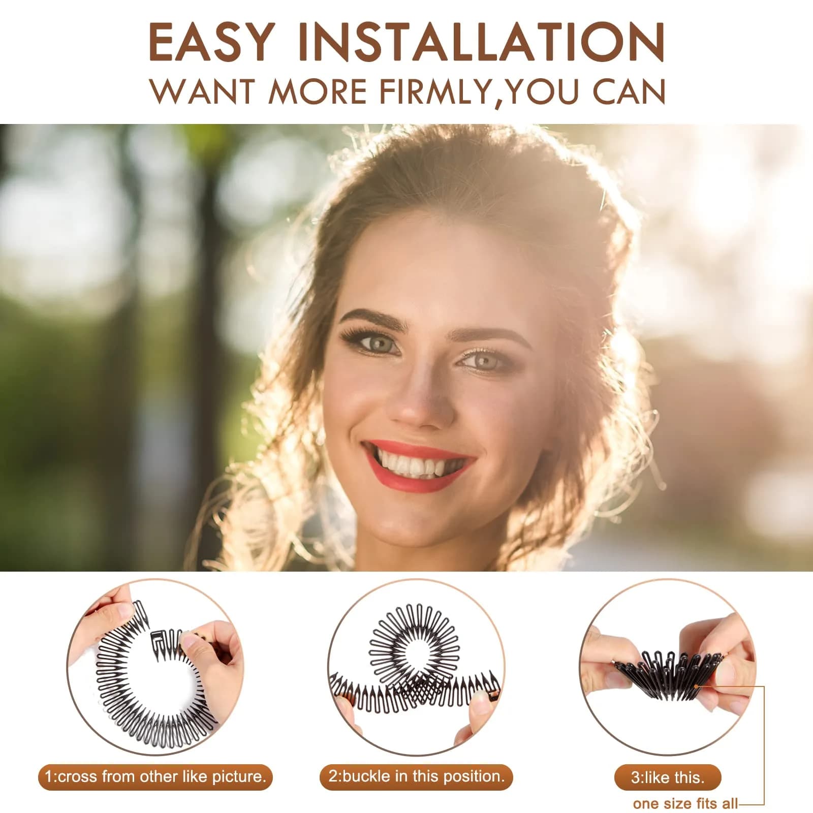 TUICARE Full Circular Stretch Hairband Holder with Rhinestone Comb, 30cm Spread Size | Flexible Plastic Teeth for All Hair Types — Brown (3pcs)