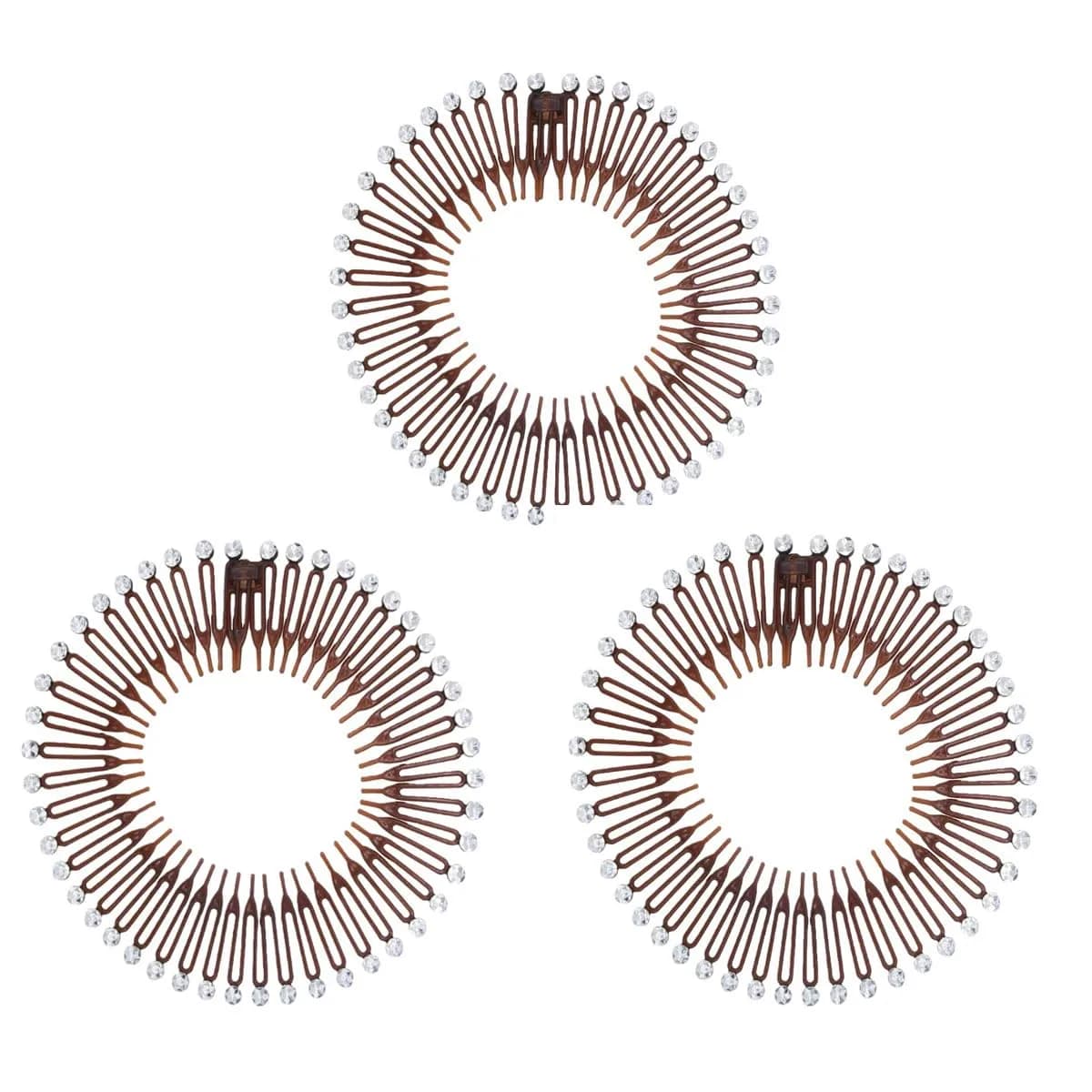 TUICARE Full Circular Stretch Hairband Holder with Rhinestone Comb, 30cm Spread Size | Flexible Plastic Teeth for All Hair Types — Brown with diamond (3pcs)