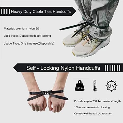 VAMRONE 35.4" Flex Cuffs, 10Pcs Heavy Duty Zip Tie Handcuffs | 90 cm (35.4") Double Cuffs, 250 lbs Tensile Strength thumbnail 3