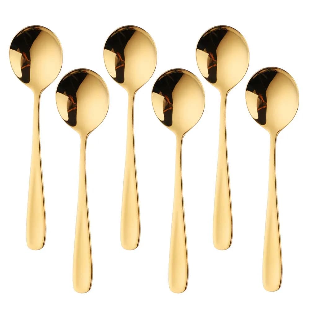 Buyer Star Bouillon Spoon Set, 7-Inch Round Soup Spoons, 6 Pieces | Gradient Rainbow — Gold