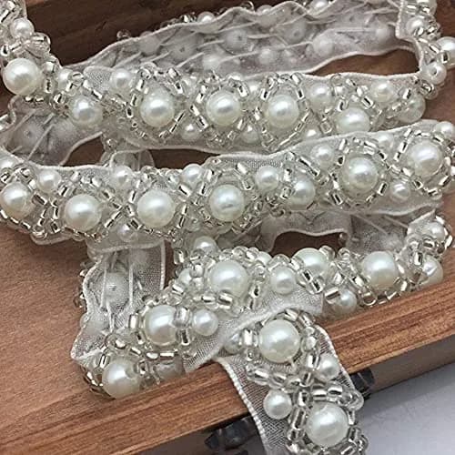 FQTANJU 3 Yards White Beaded Crystal Rhinestone Applique | Vintage Bridal Embellishment for Dress & Accessories thumbnail 2