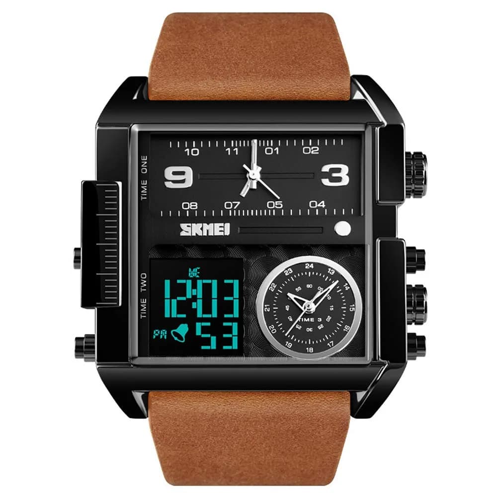 Gosasa Men's Square Large Face Digital Analog Quartz Watch 51mm (Black Coffee Belt) | Triple Time Zone Sports Watch — Black Brown Belt