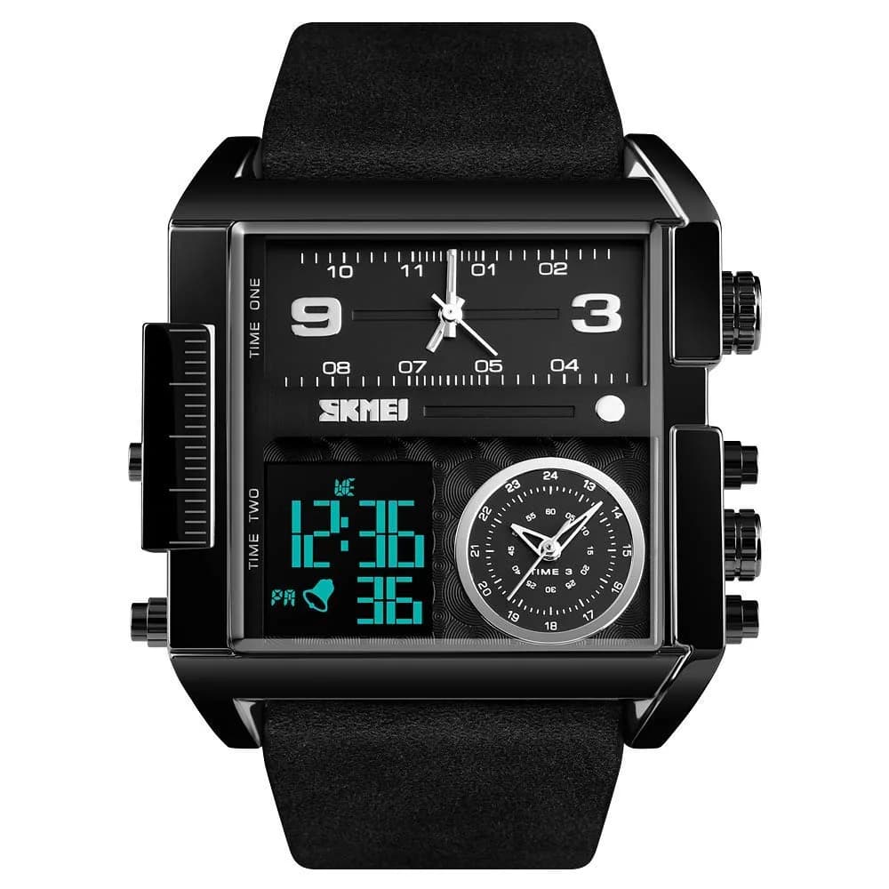 Gosasa Men's Square Large Face Digital Analog Quartz Watch 51mm (Black Coffee Belt) | Triple Time Zone Sports Watch — full Black Watch