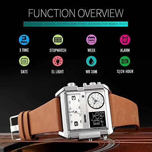 Gosasa Men's Square Large Face Digital Sports Watch with Triple Time Zone & LED Display, 51mm Case | Analog Quartz Movement thumbnail 4