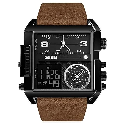 Gosasa Men's Square Large Face Digital Analog Quartz Watch 51mm (Black Coffee Belt) | Triple Time Zone Sports Watch thumbnail 1